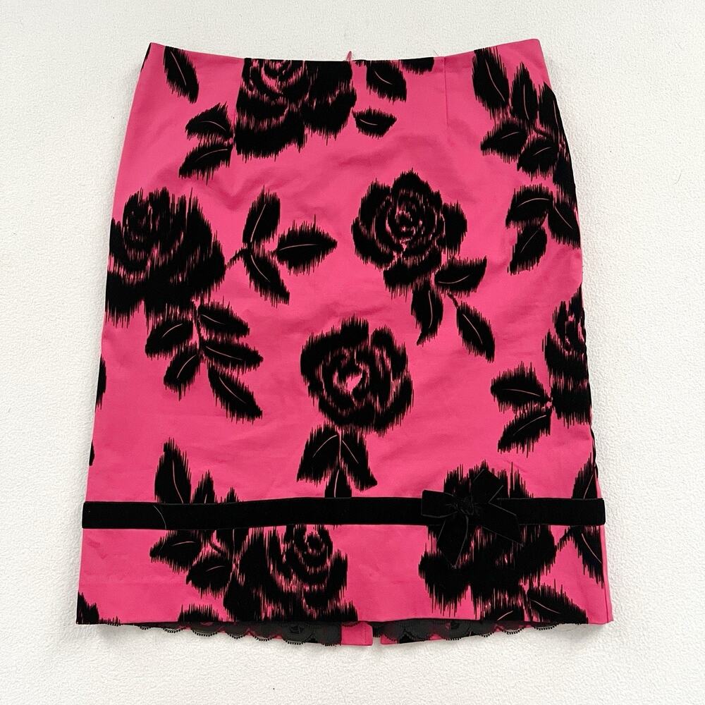 Trina Turk Pink Black Floral Velvet Flock Stretch Knee Length Pencil Skirt 4